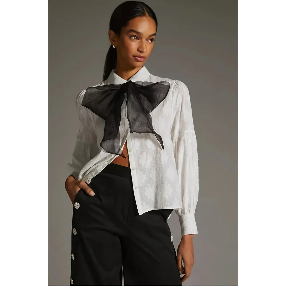 Anthropologie Forever That Girl Tie-Neck Long Sleeve Blouse in White & Black - Picture 4 of 11